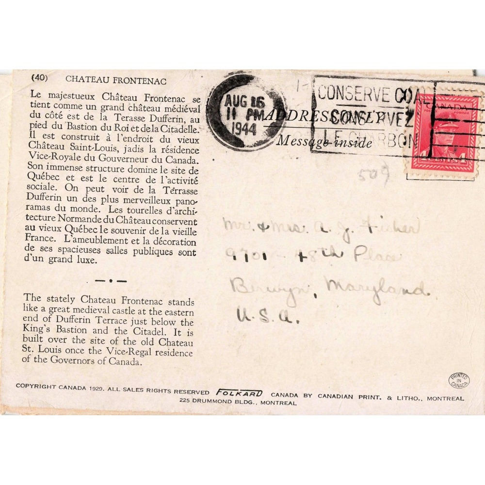 Chateau Frontenac Quebec City Canada Hotel Vtg Cars 1944 Postcard Folkard Litho - Picture 2 of 2